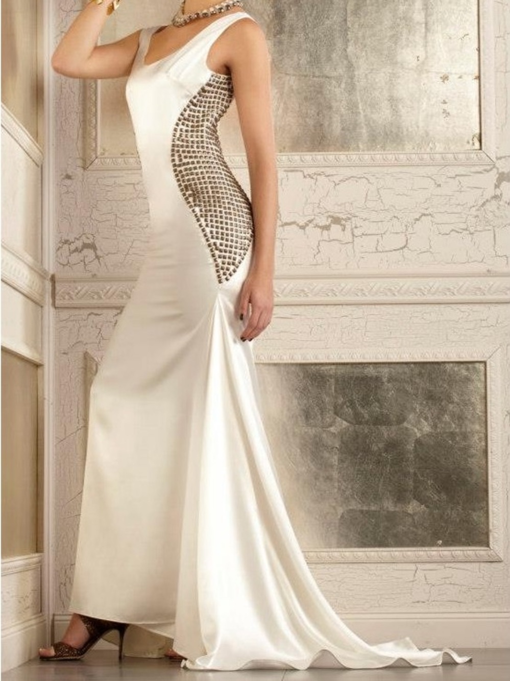 Edgy Off-White Evening Gown with Stud Embellished Side Panels